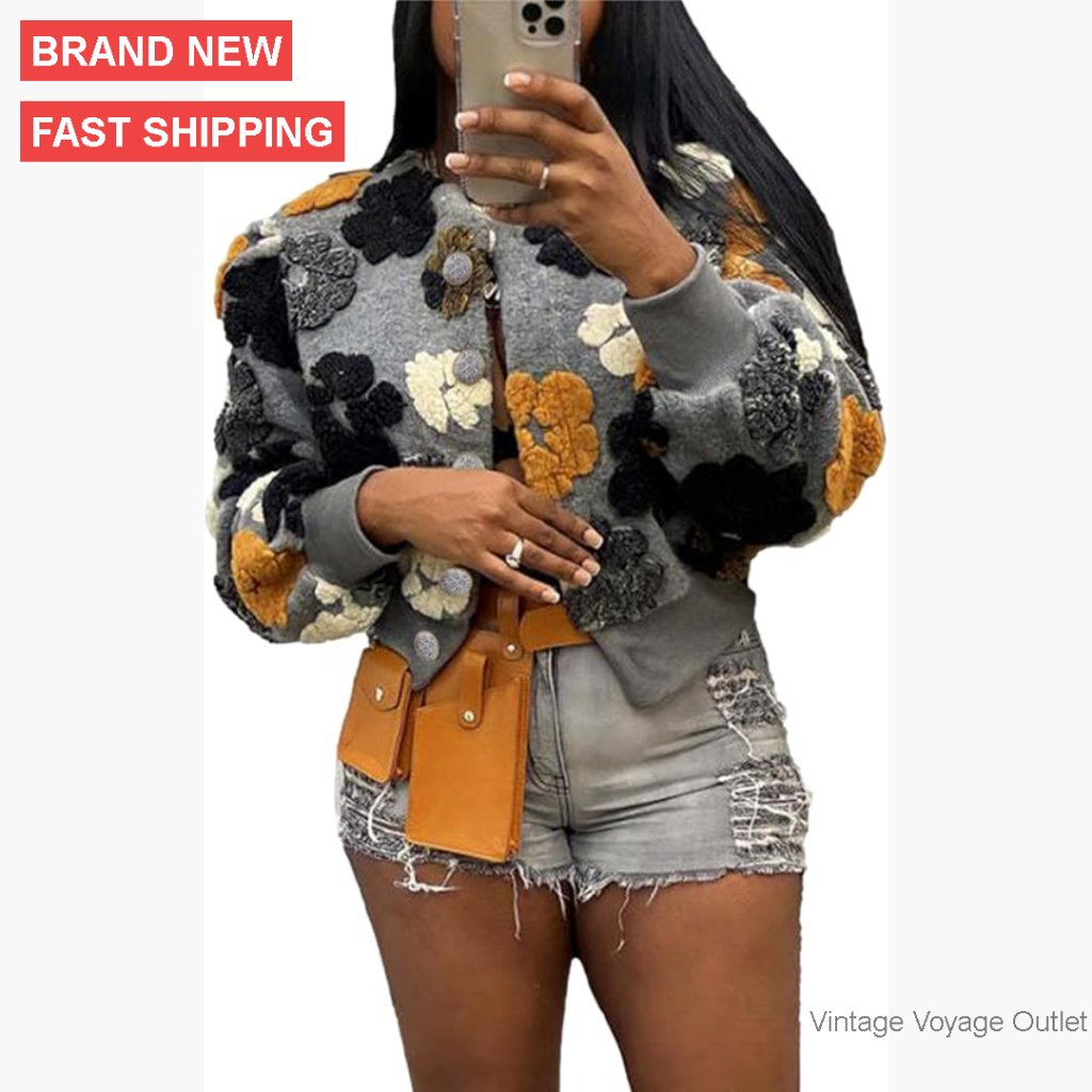 Cropped Fleece Bomber Jacket Long Sleeve Sherpa Floral Printed Varsity